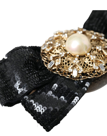 Black sequin pearl handmade brooch hair pin by Dolce & Gabbana with shimmering sequins and elegant pearl accents.