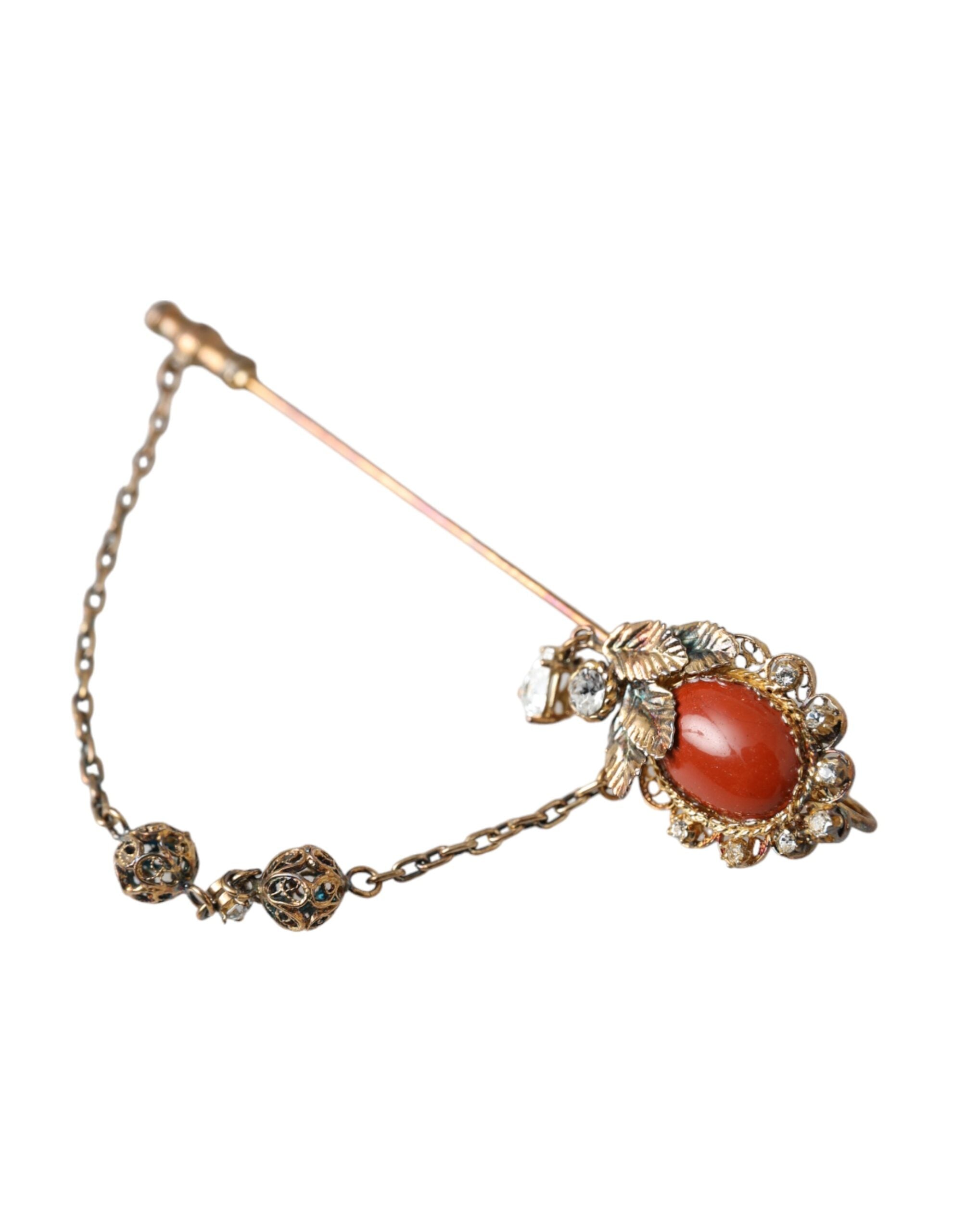 Gold brass crystal chain with 925 sterling silver pin brooch by Dolce & Gabbana, featuring sparkling crystals and intricate design.