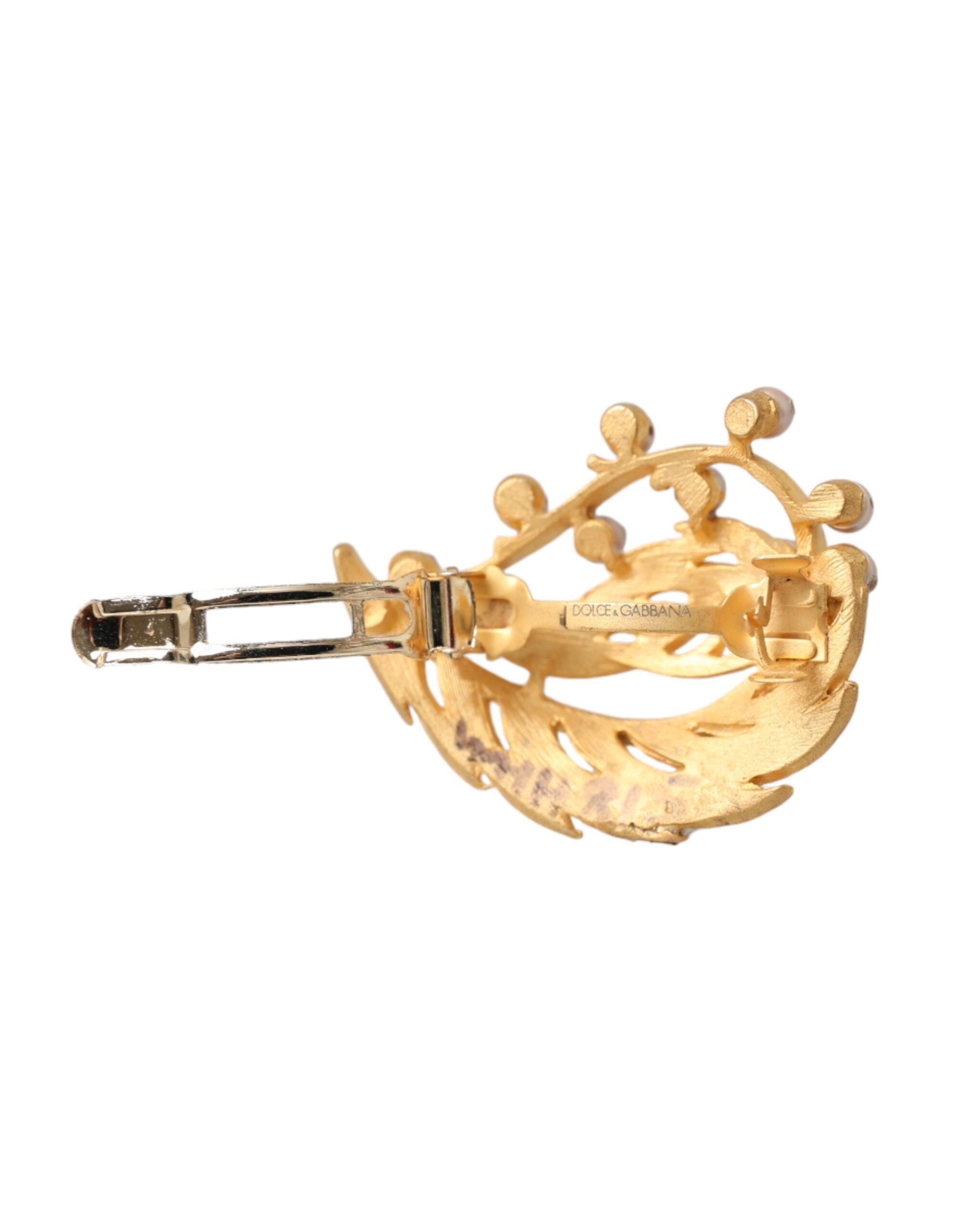 Gold brass leaf-embellished jewelry brooch hair pin with intricate detailing, designed by Dolce & Gabbana.