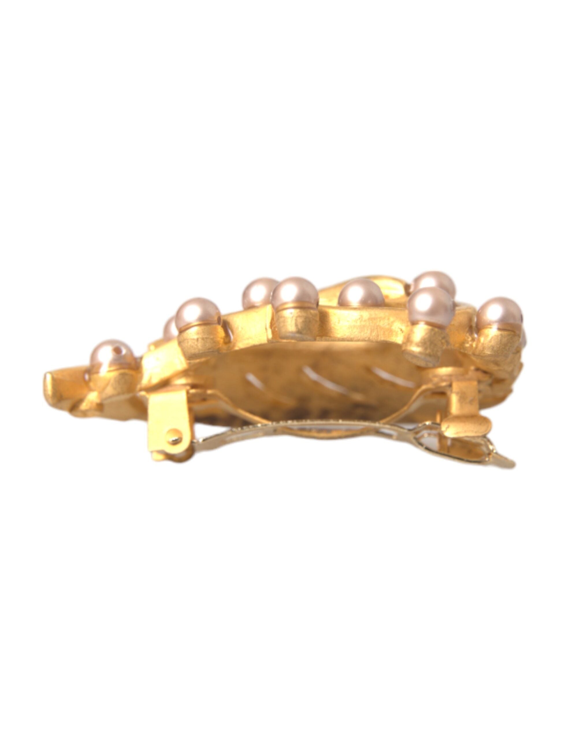 Gold brass leaf embellished jewelry brooch hair pin with intricate leaf design by Dolce & Gabbana.