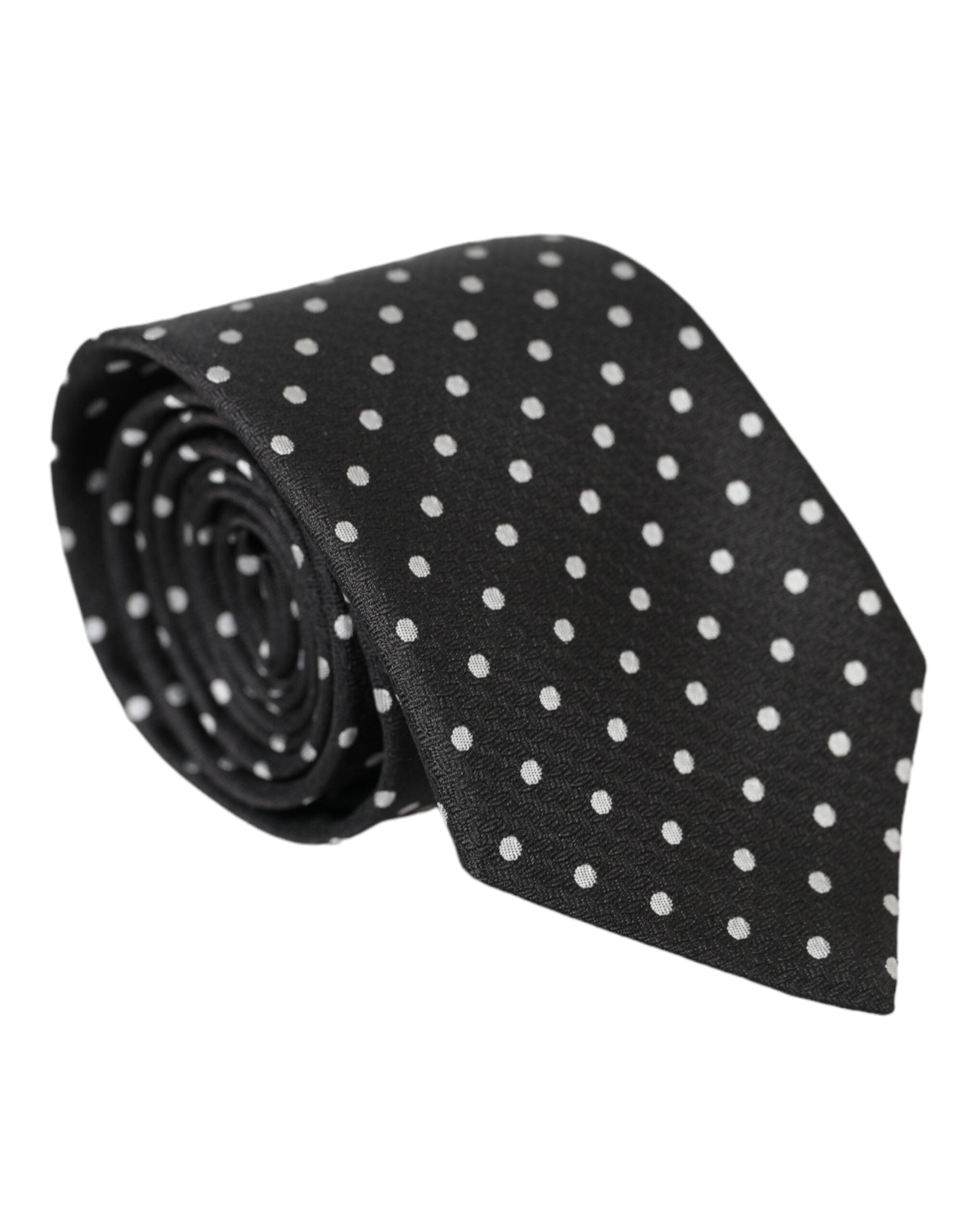 Black and white polka dot silk necktie face mask by Dolce & Gabbana, featuring a smooth, luxurious fabric with a stylish pattern.