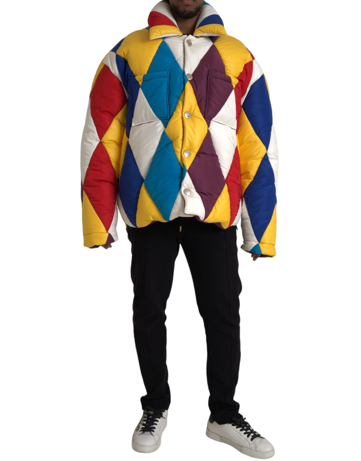 Multicolor men's puffer windbreaker jacket by Dolce & Gabbana, featuring a vibrant, quilted design and sporty style.