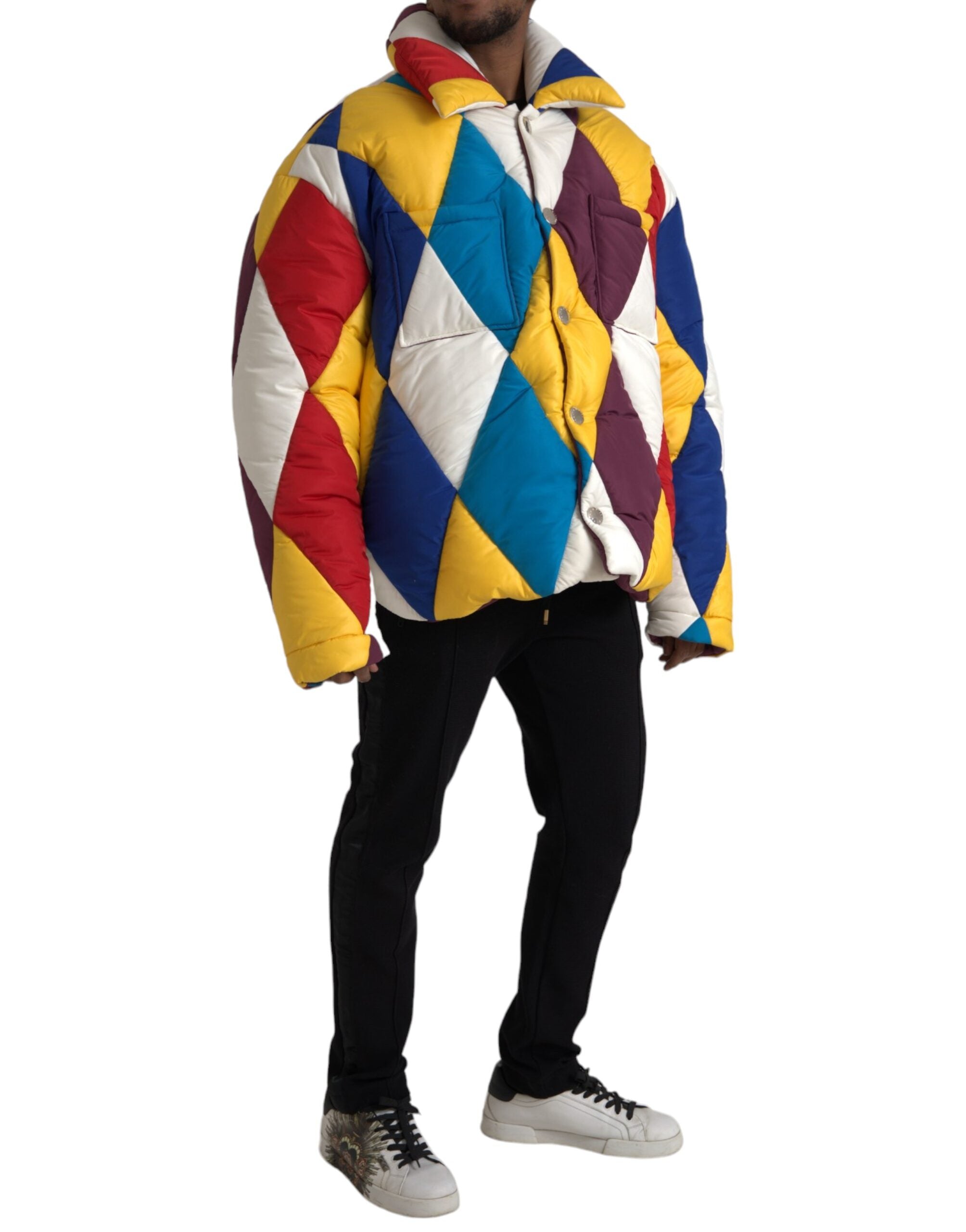 Multicolor Dolce & Gabbana men's windbreaker puffer jacket with vibrant color blocks and lightweight design.