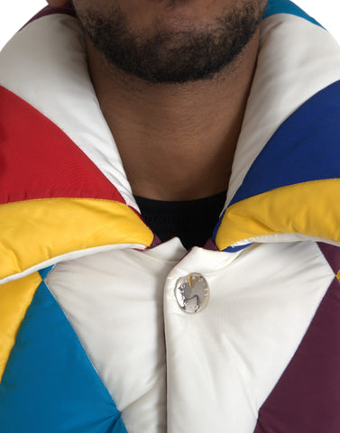 Multicolor Dolce & Gabbana men's windbreaker puffer jacket with a vibrant, quilted design and hood for stylish weather protection.