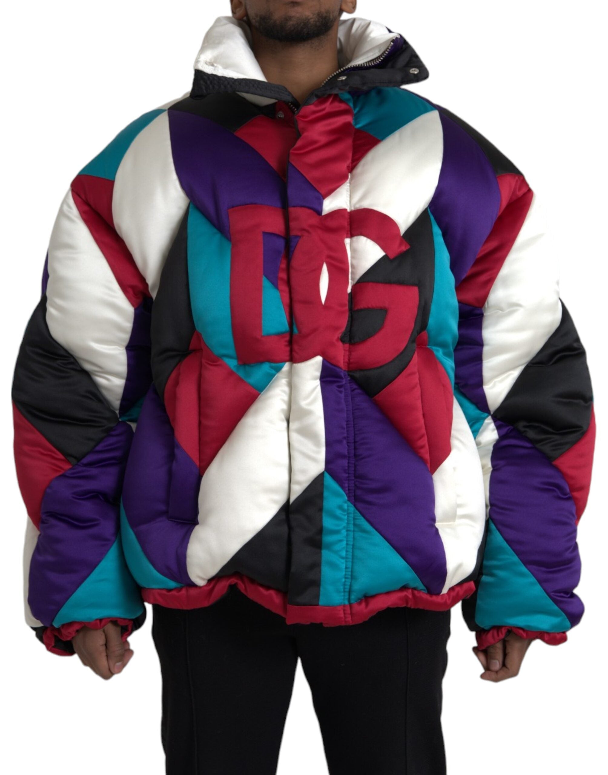 Multicolor logo Dolce & Gabbana puffer windbreaker jacket with vibrant design and lightweight, quilted construction.