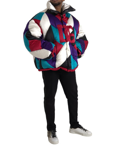 Multicolor Dolce & Gabbana logo windbreaker puffer jacket with vibrant color blocks and quilted design.