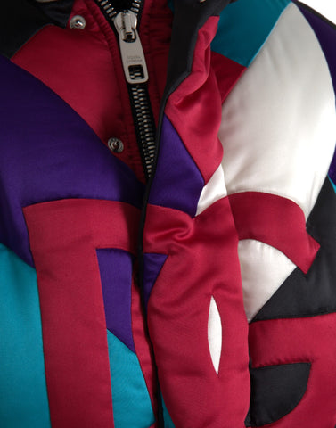 Multicolor logo Dolce & Gabbana puffer windbreaker jacket with vibrant branding and quilted design.