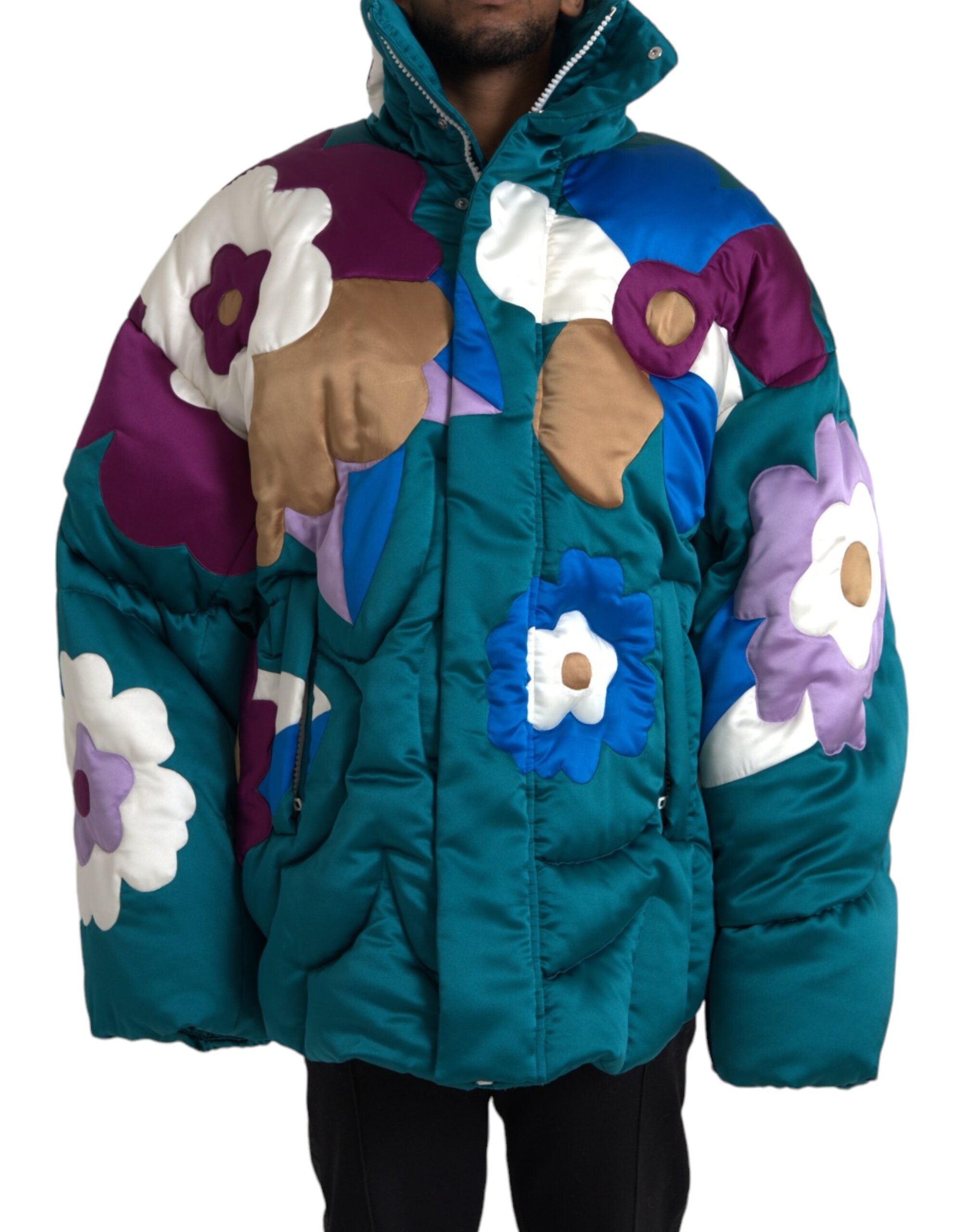 Multicolor floral Dolce & Gabbana puffer jacket with windbreaker style and lightweight, quilted design.