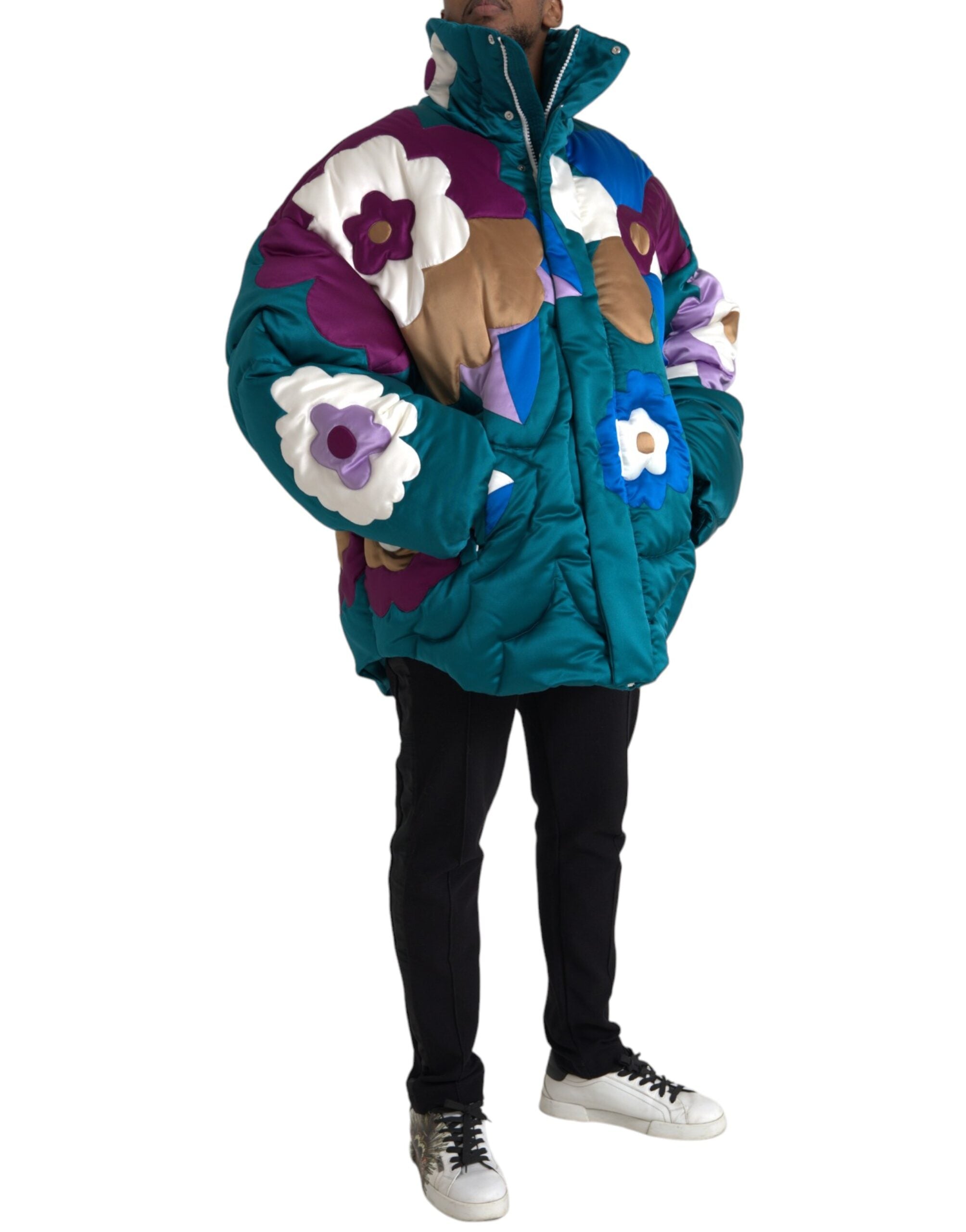 Multicolor floral Dolce & Gabbana puffer windbreaker jacket with a vibrant floral pattern and lightweight design.