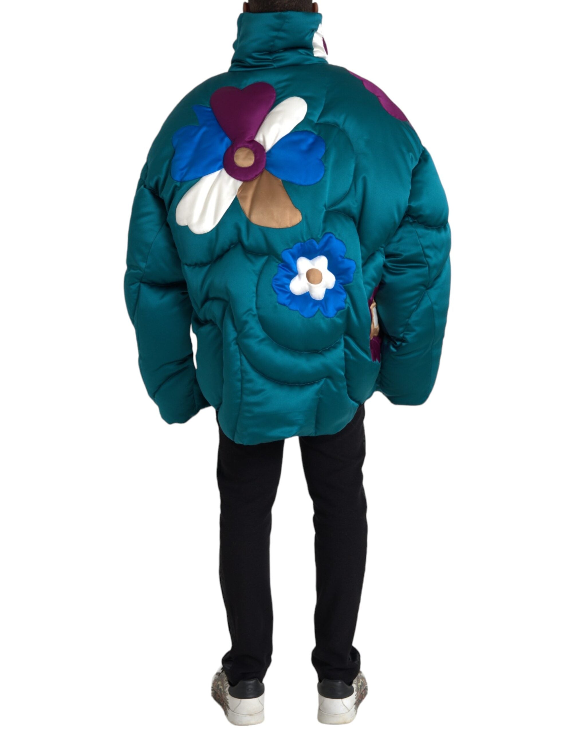 Multicolor floral Dolce & Gabbana windbreaker puffer jacket with vibrant floral patterns and lightweight design.