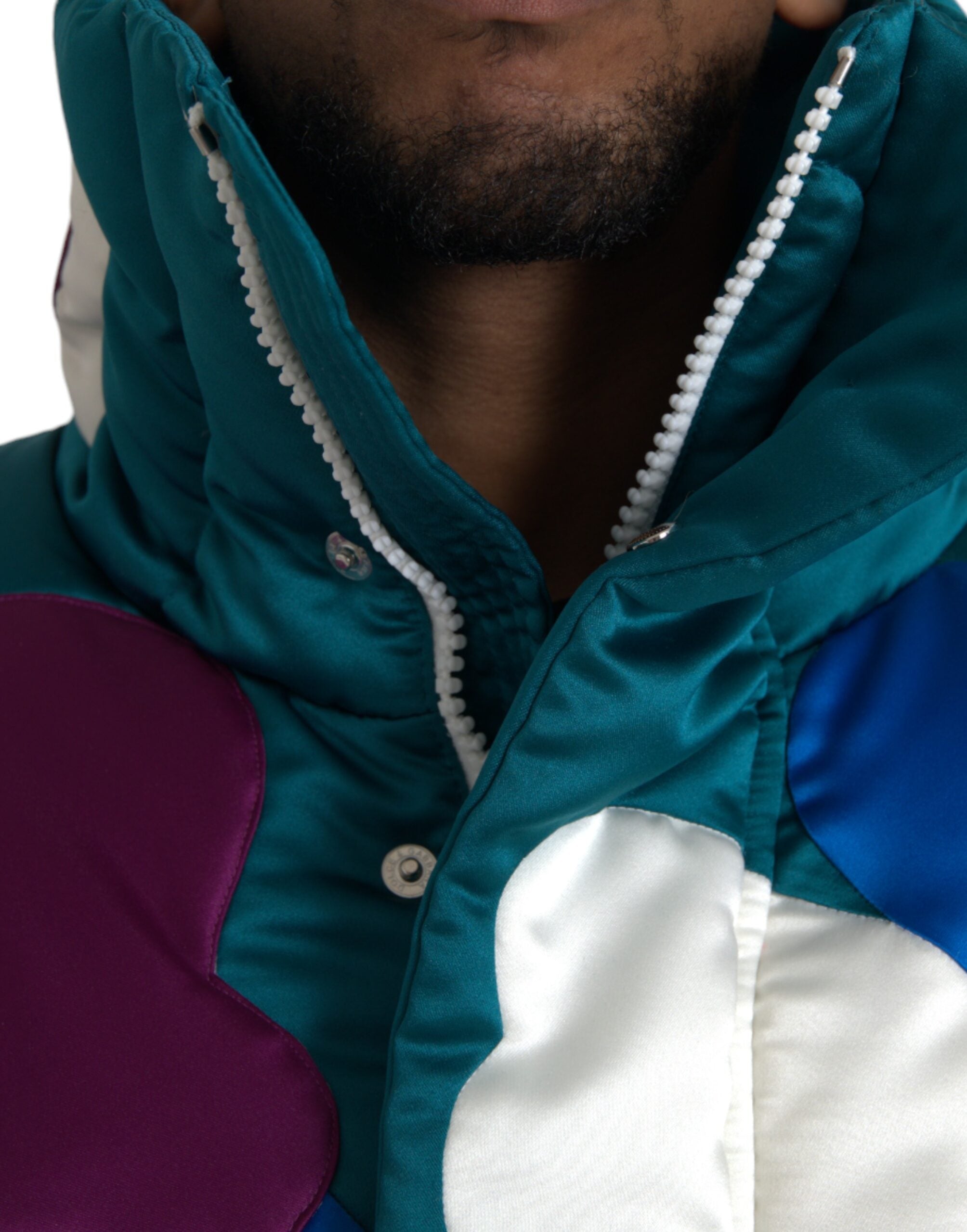 Multicolor floral Dolce & Gabbana puffer windbreaker jacket with vibrant flower patterns and lightweight design.