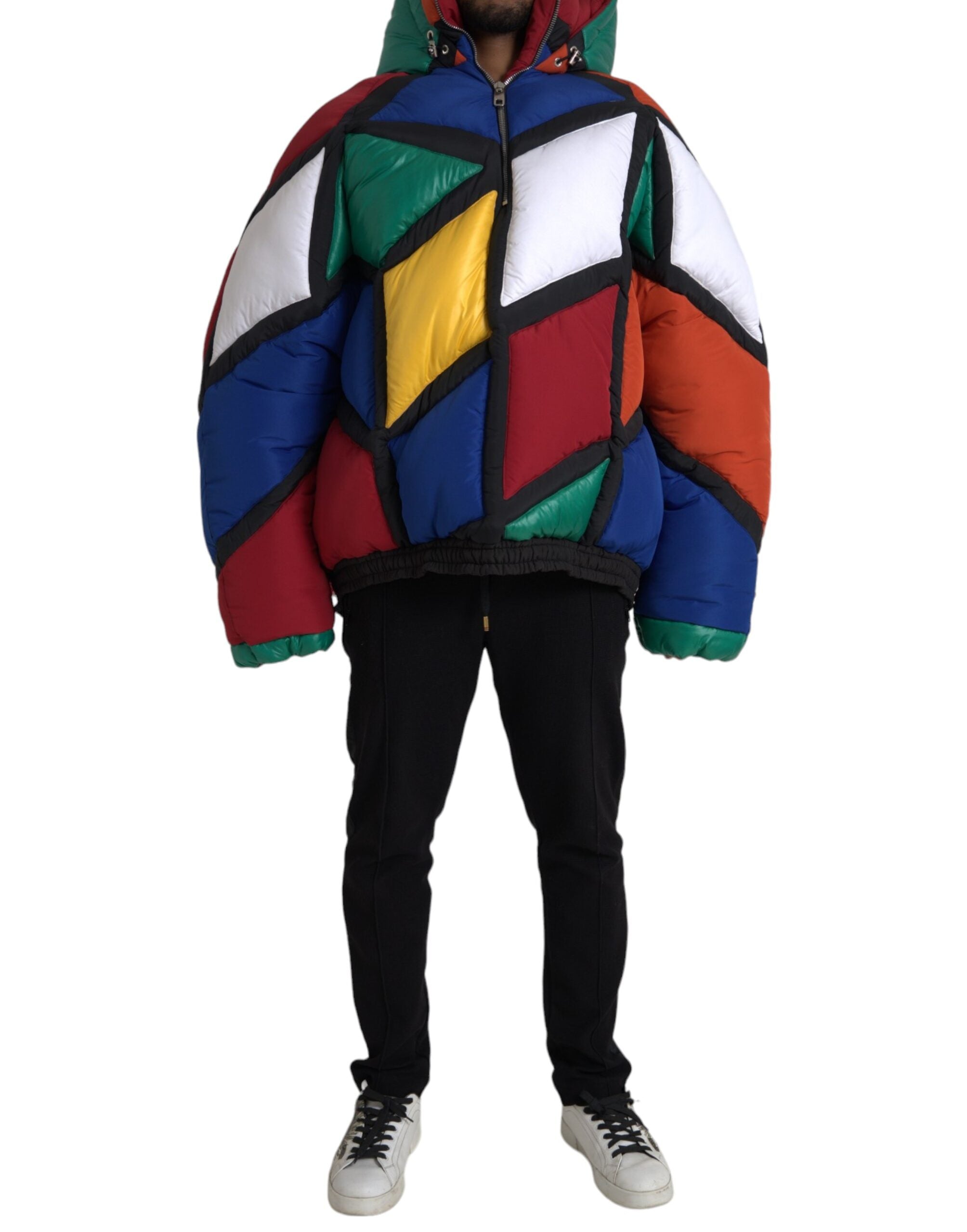 Multicolor quilted hooded puffer jacket by Dolce & Gabbana, featuring a stylish, padded design with a hood and vibrant color blocks.