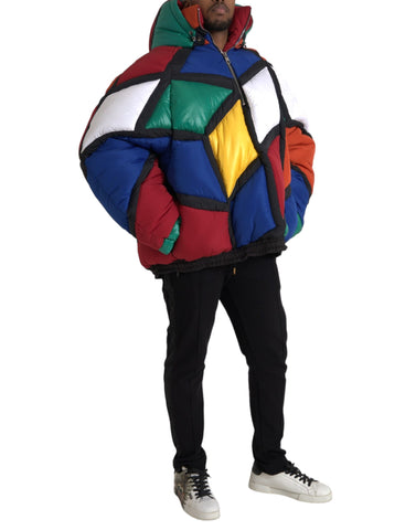 Multicolor quilted hooded puffer jacket by Dolce & Gabbana, featuring vibrant colors and a cozy, padded design.