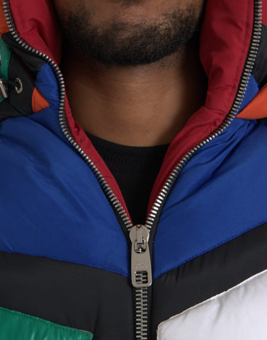 Multicolor quilted hooded puffer jacket by Dolce & Gabbana with a shiny finish and padded design for warmth and style.