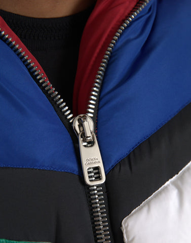 Multicolor quilted hooded puffer jacket by Dolce & Gabbana with a stylish, padded design and a cozy hood for cold weather.