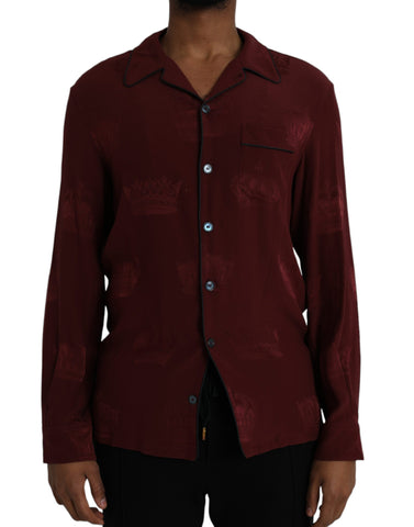 Maroon Crown Jacquard silk long sleeve shirt by Dolce & Gabbana with intricate pattern and tailored fit.