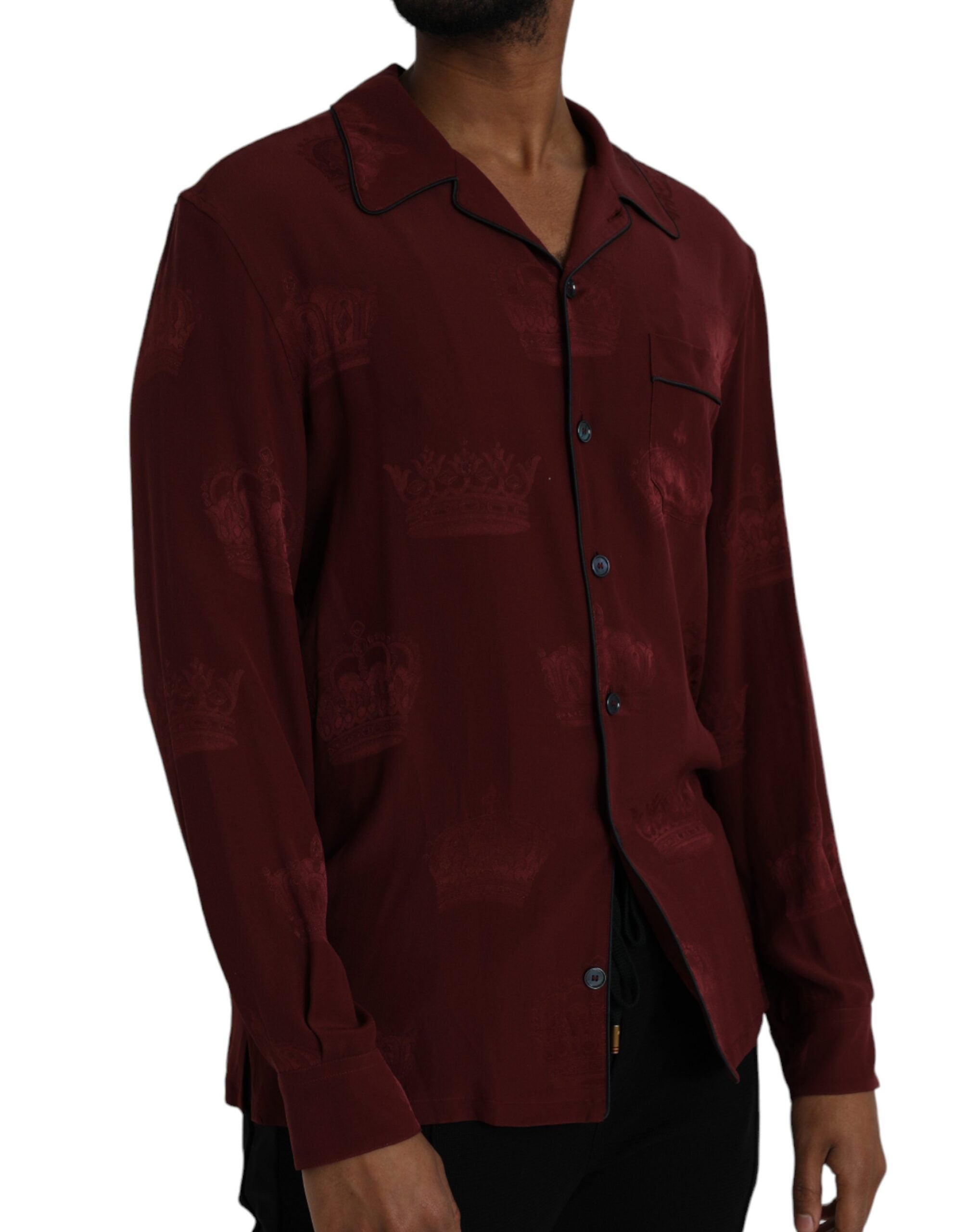 Maroon Crown Jacquard Silk Long Sleeve Shirt by Dolce & Gabbana, detailed jacquard pattern, tailored fit, and elegant long sleeves.