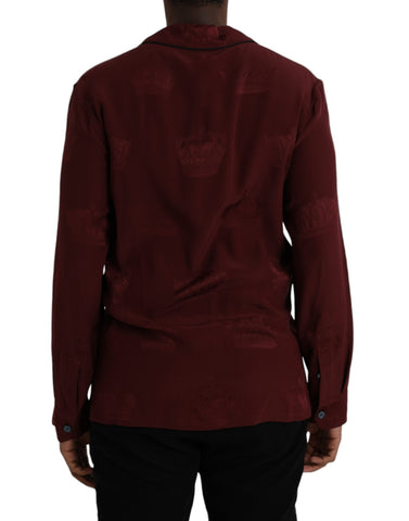Maroon Crown Jacquard Silk Long Sleeve Shirt by Dolce & Gabbana, detailed close-up of the luxurious patterned fabric and elegant design.