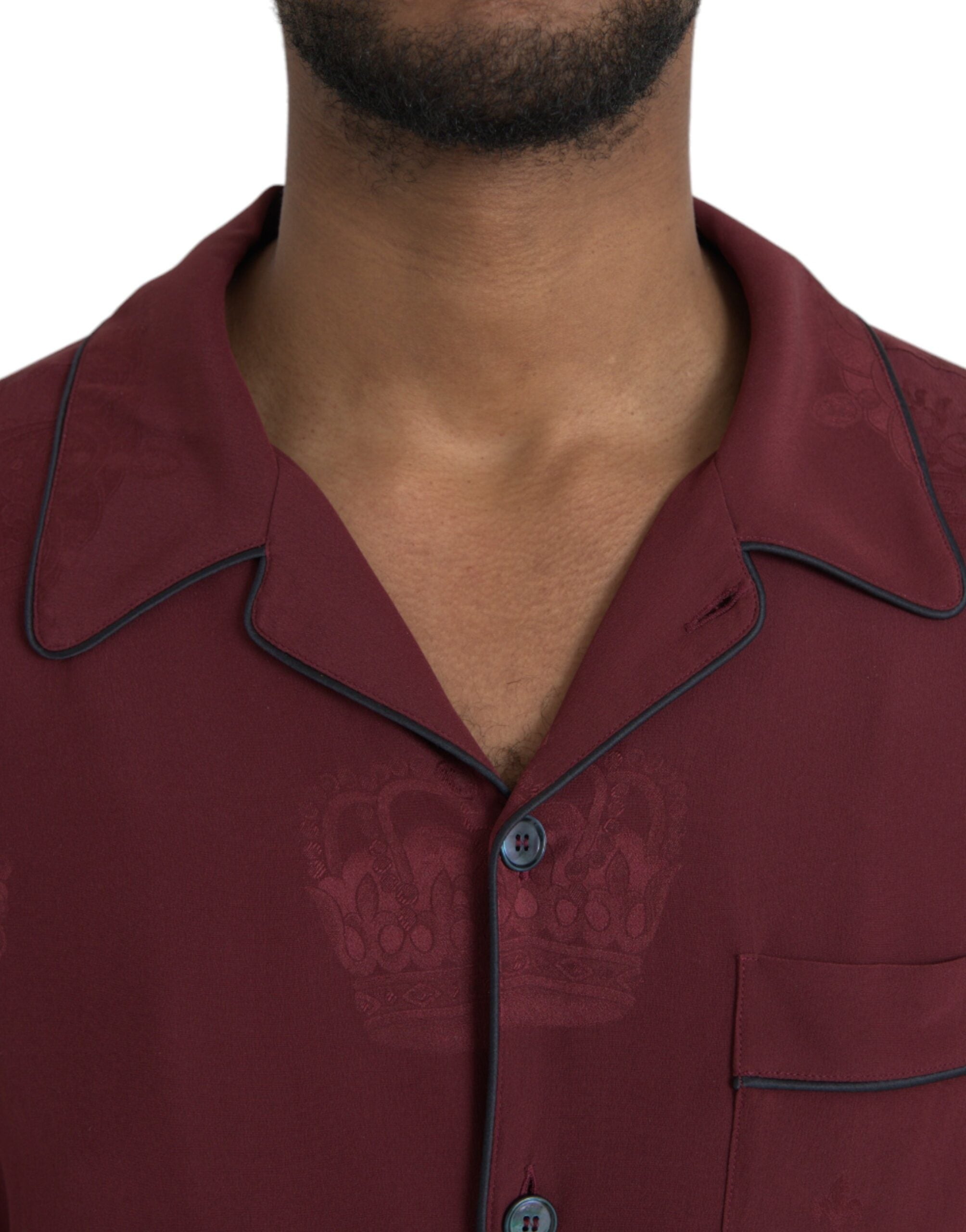 Maroon Crown Jacquard Silk Long Sleeve Shirt by Dolce & Gabbana, featuring intricate jacquard pattern and elegant long sleeves.