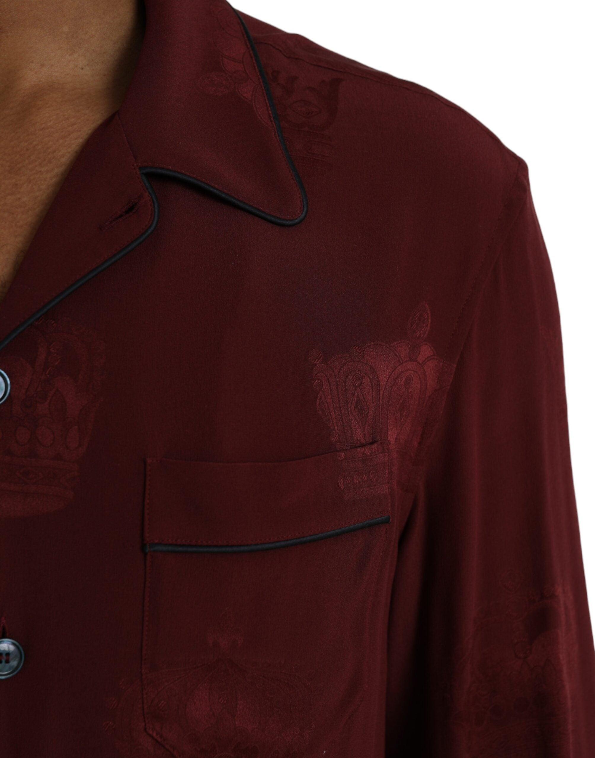 Maroon crown jacquard silk long sleeve shirt by Dolce & Gabbana, featuring intricate woven pattern and elegant fit.