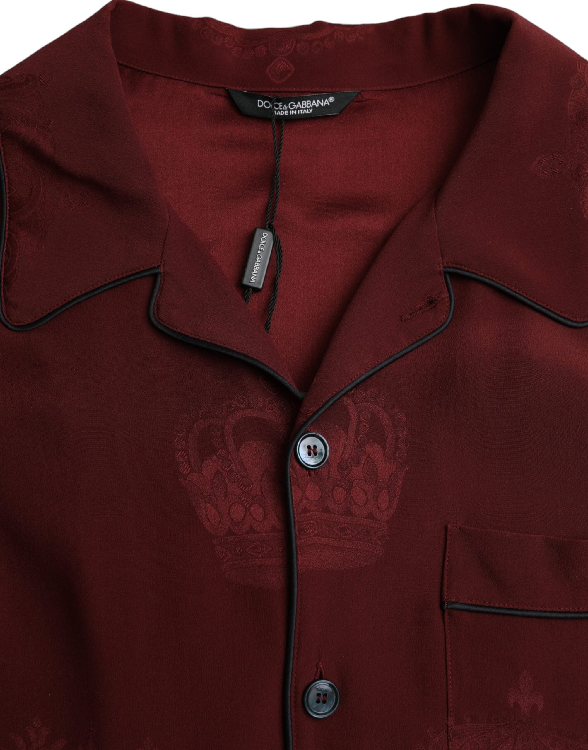 Maroon Crown Jacquard Silk Long Sleeve Shirt by Dolce & Gabbana, featuring intricate jacquard pattern and elegant long sleeves.