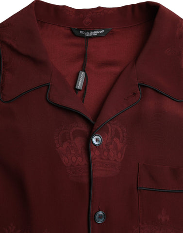 Maroon Crown Jacquard Silk Long Sleeve Shirt by Dolce & Gabbana, featuring intricate jacquard pattern and elegant long sleeves.