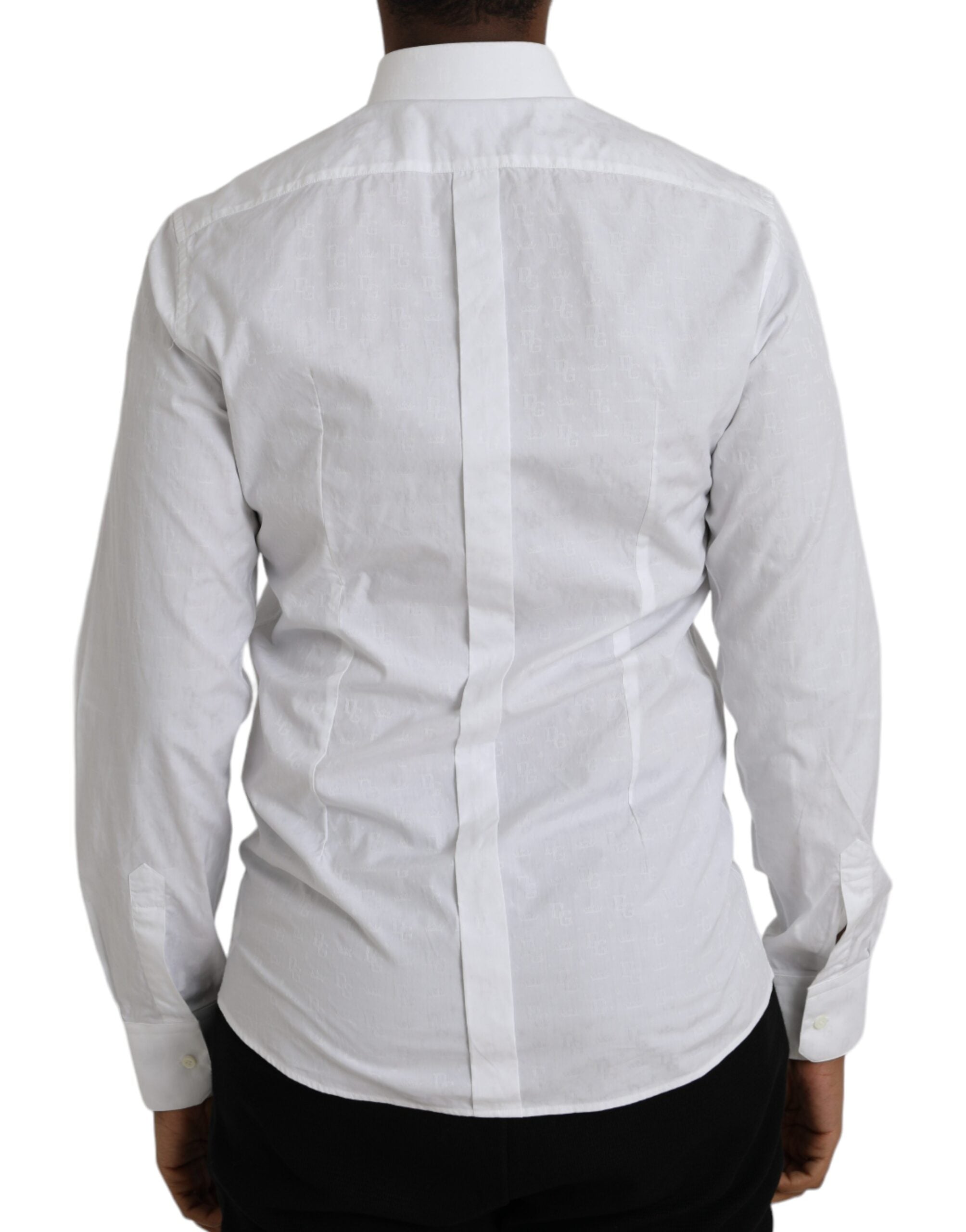 White cotton long sleeve dress by Dolce & Gabbana featuring a sleek gold shirt design and elegant, tailored silhouette.