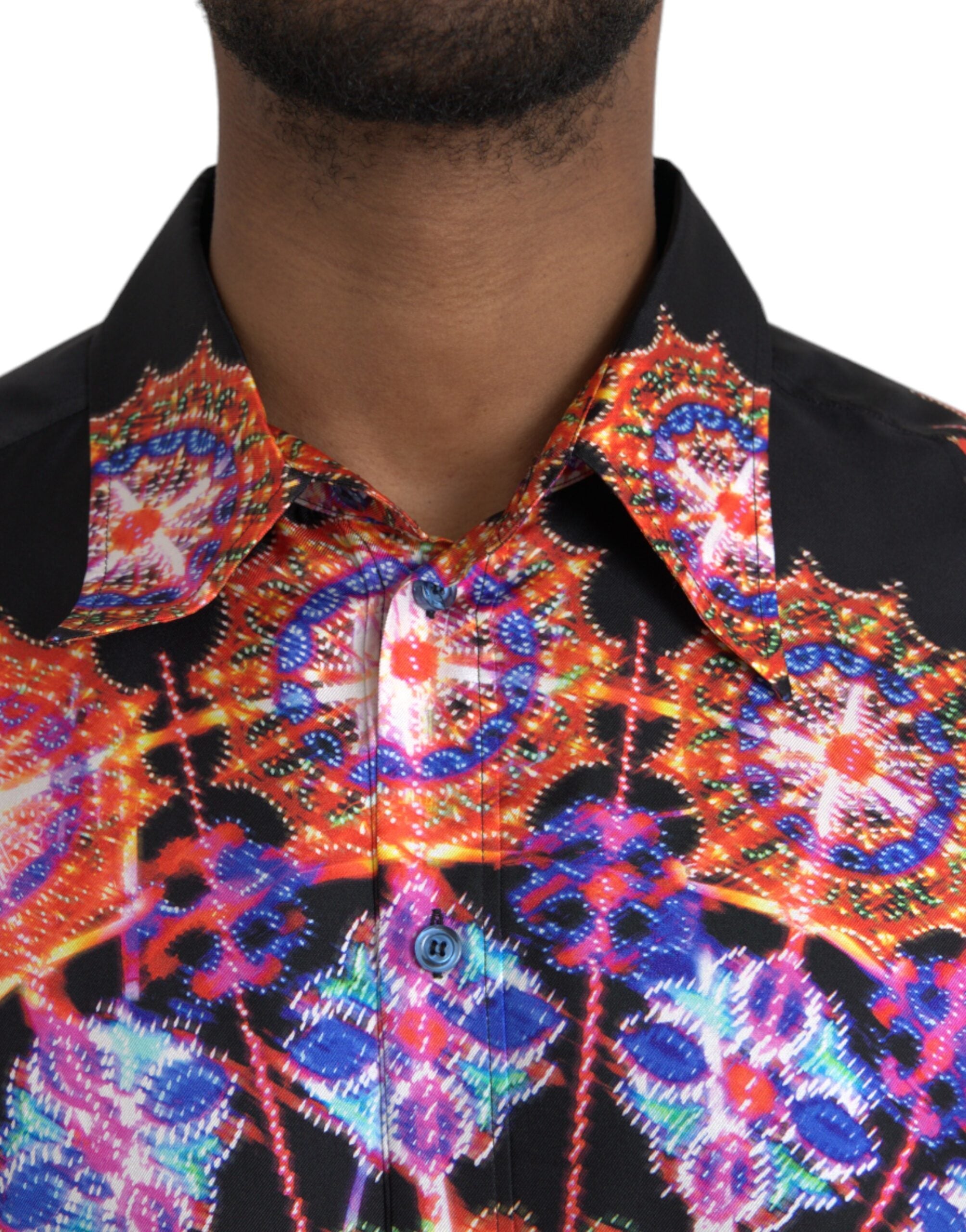 Multicolor Luminarie Silk Men’s Casual Shirt by Dolce & Gabbana with vibrant print and classic collar.