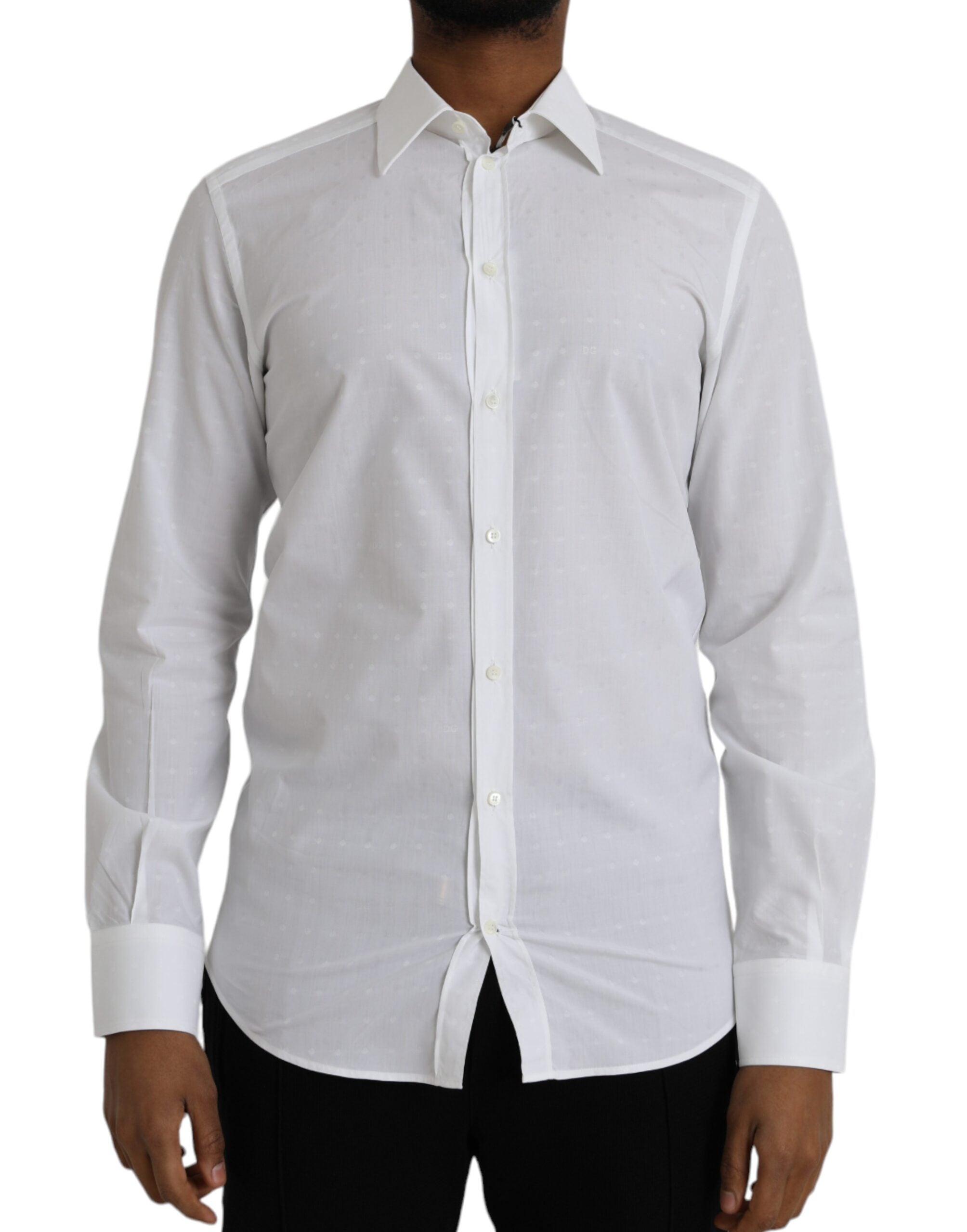 White cotton men's dress shirt with gold logo detail from Dolce & Gabbana, featuring a classic collar and button closure.