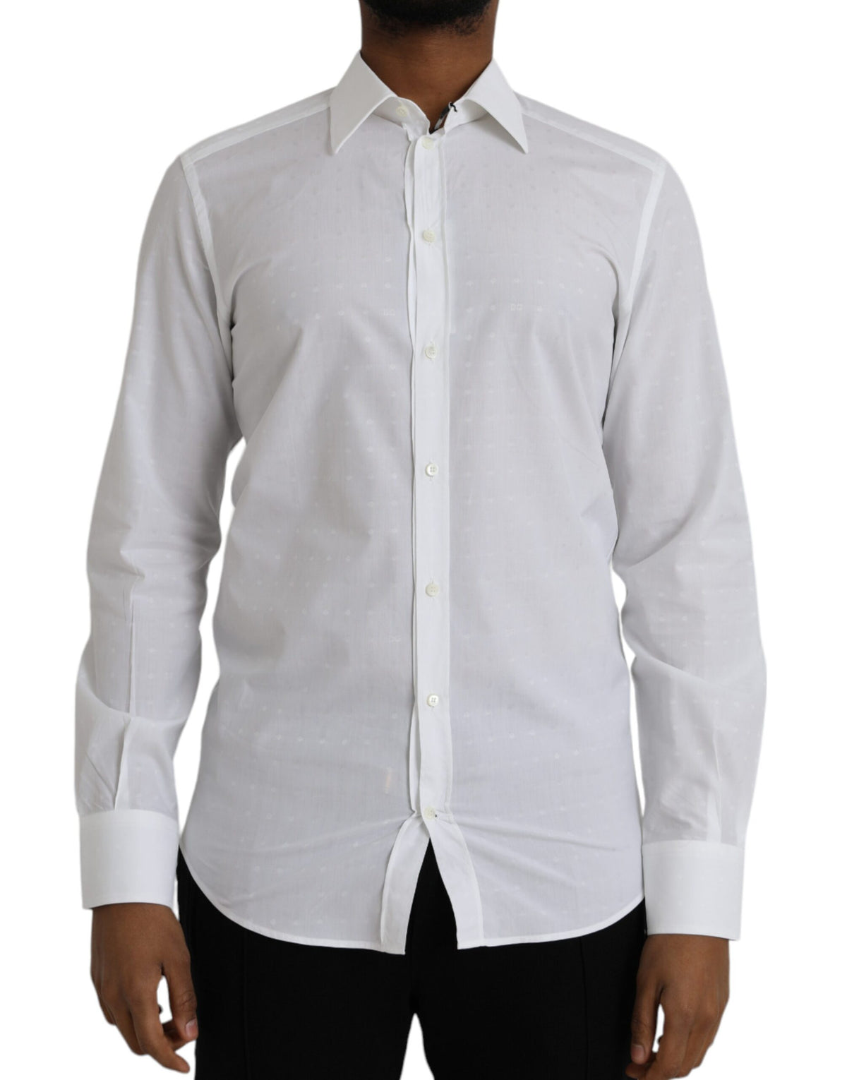 White cotton men's dress shirt with gold logo detail from Dolce & Gabbana, featuring a classic collar and button closure.