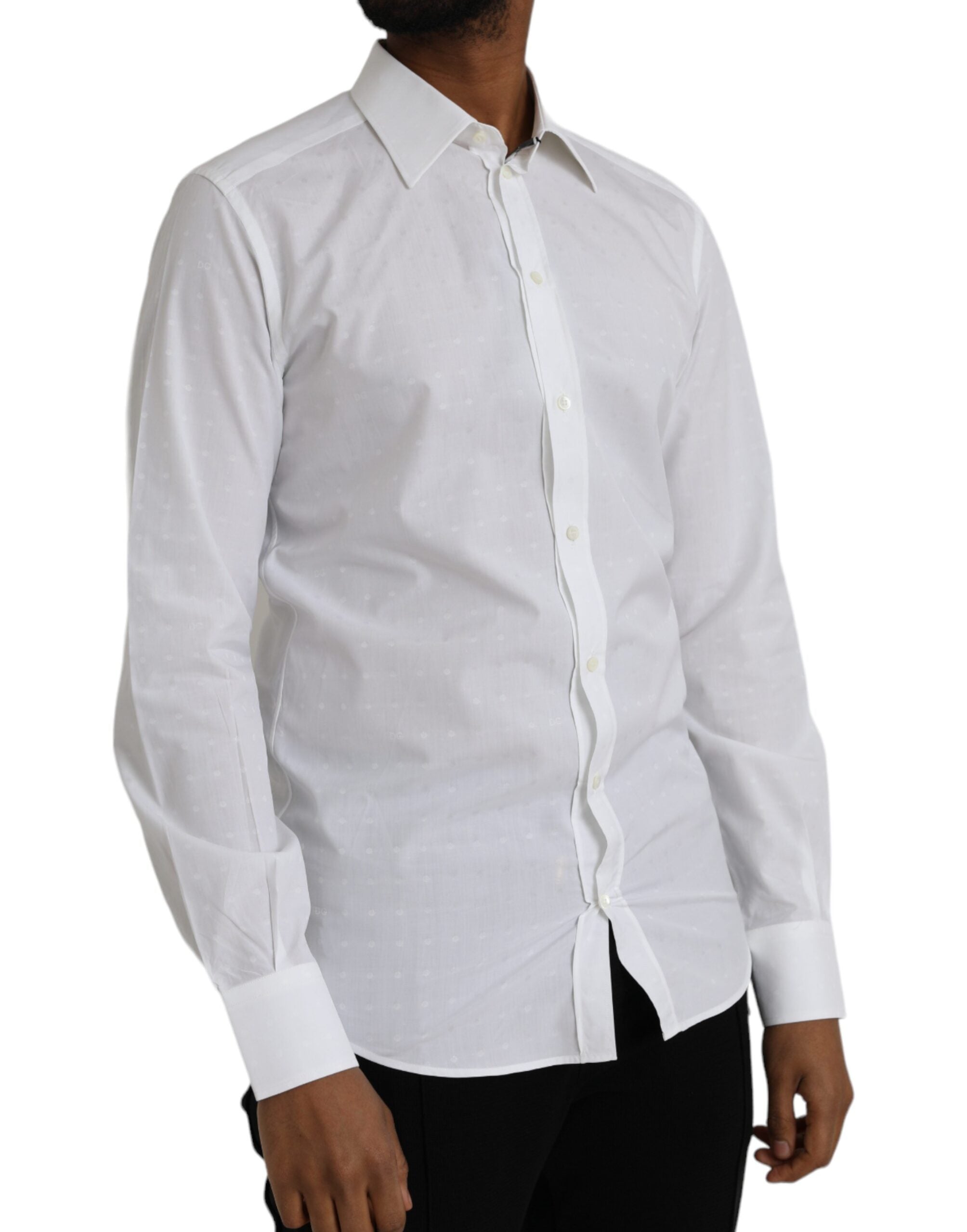 White cotton men's dress shirt with gold logo detail by Dolce & Gabbana, featuring a classic collar and long sleeves.