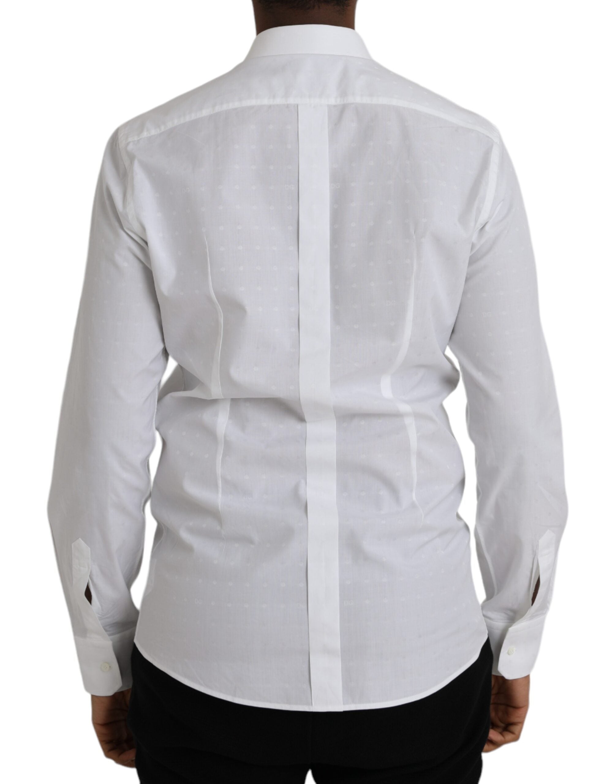 White cotton men's dress shirt with gold logo from Dolce & Gabbana, shown on a hanger with a close-up of the logo detail.