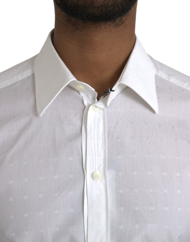 White cotton men's dress shirt with gold logo from Dolce & Gabbana, featuring a classic collar and button-front design.