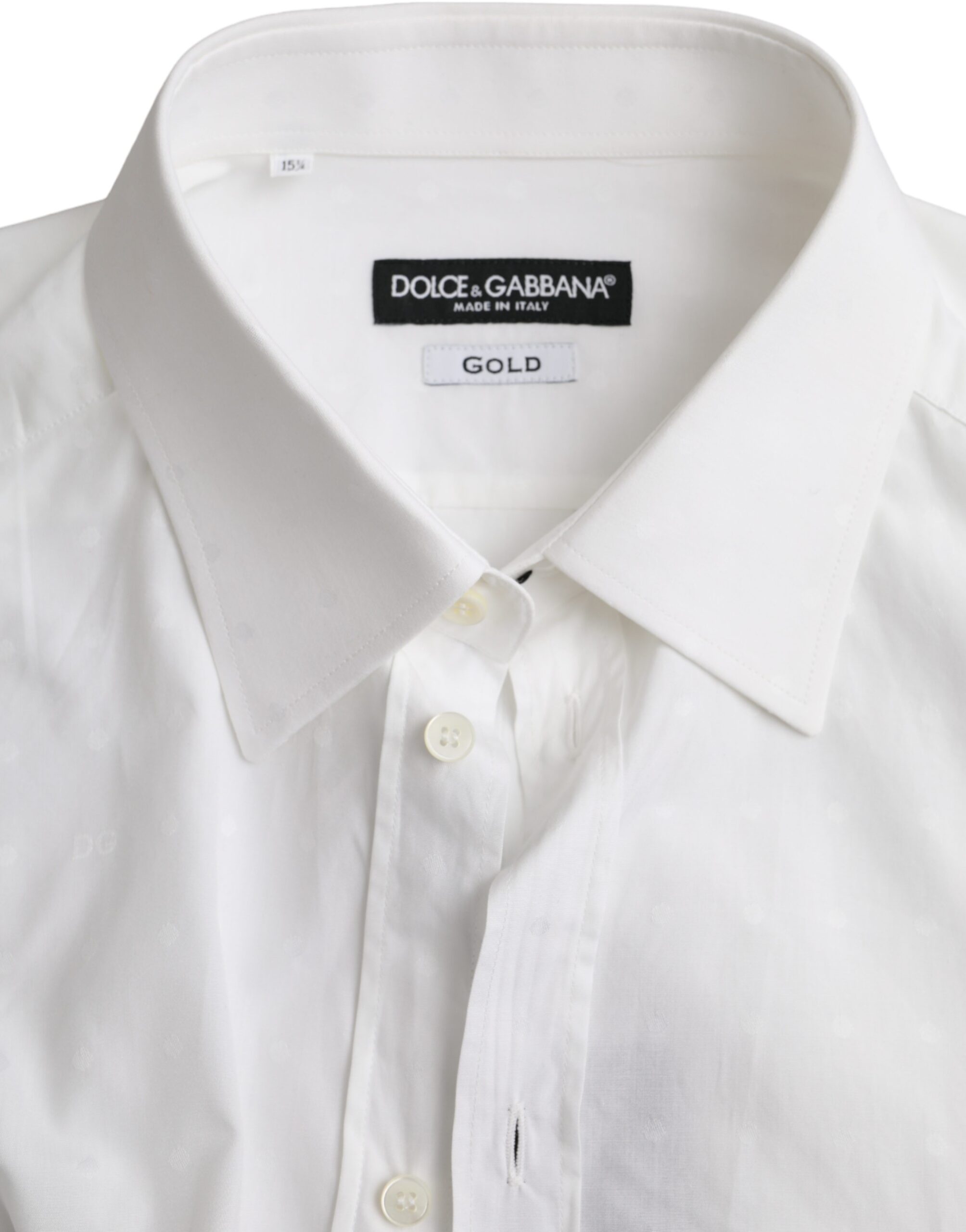 White cotton men's dress shirt with gold logo accents by Dolce & Gabbana, featuring a classic collar and long sleeves.