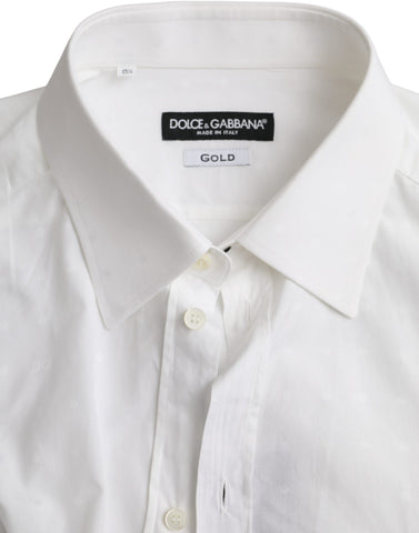 White cotton men's dress shirt with gold logo accents by Dolce & Gabbana, featuring a classic collar and long sleeves.