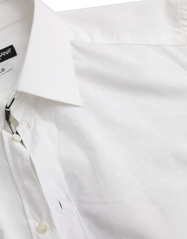 White cotton men's dress shirt with gold logo from Dolce & Gabbana, featuring a classic collar and long sleeves.