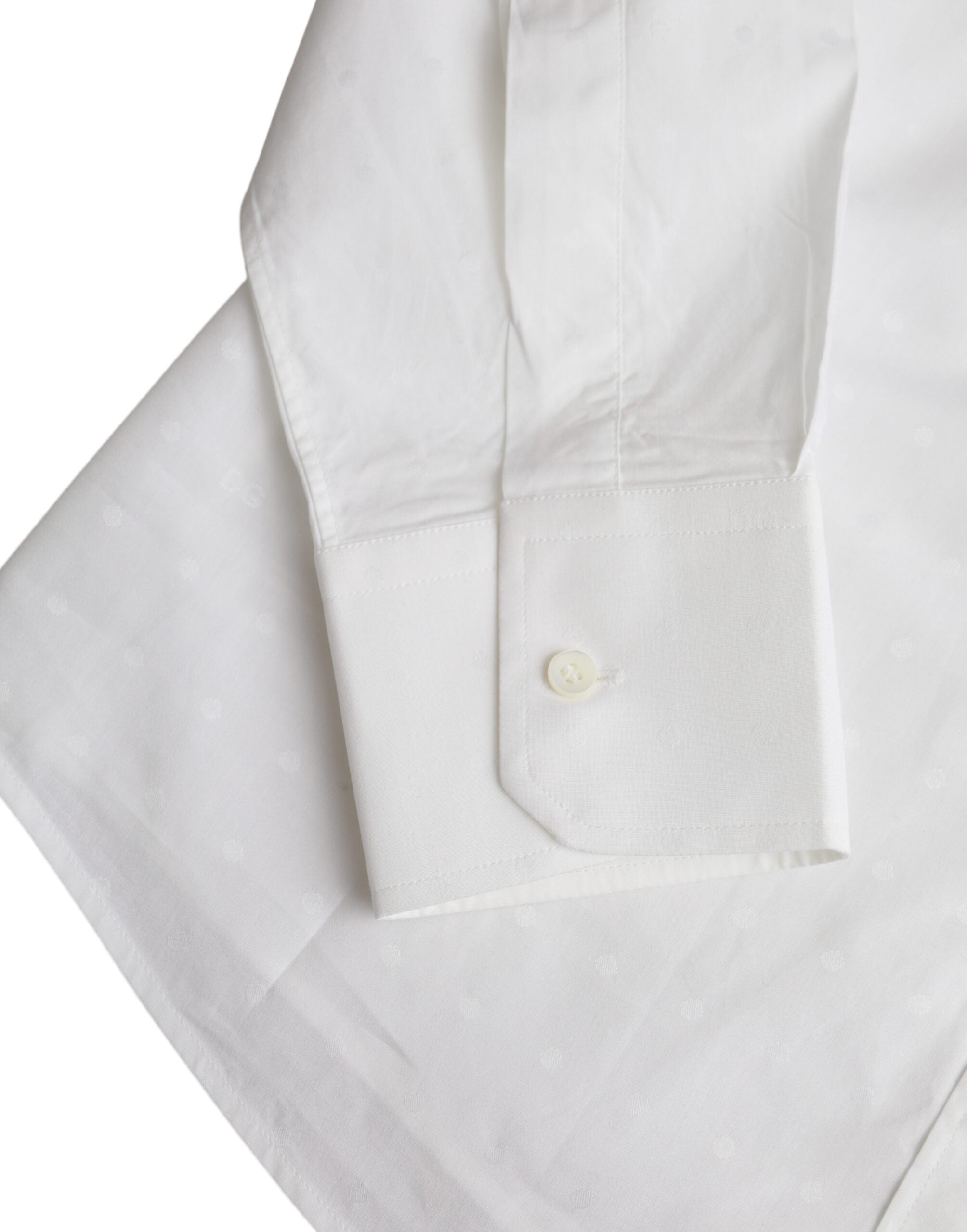 White cotton men's dress shirt with gold logo detail by Dolce & Gabbana, featuring a classic collar and button front.