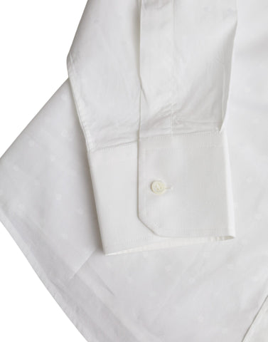 White cotton men's dress shirt with gold logo detail by Dolce & Gabbana, featuring a classic collar and button front.