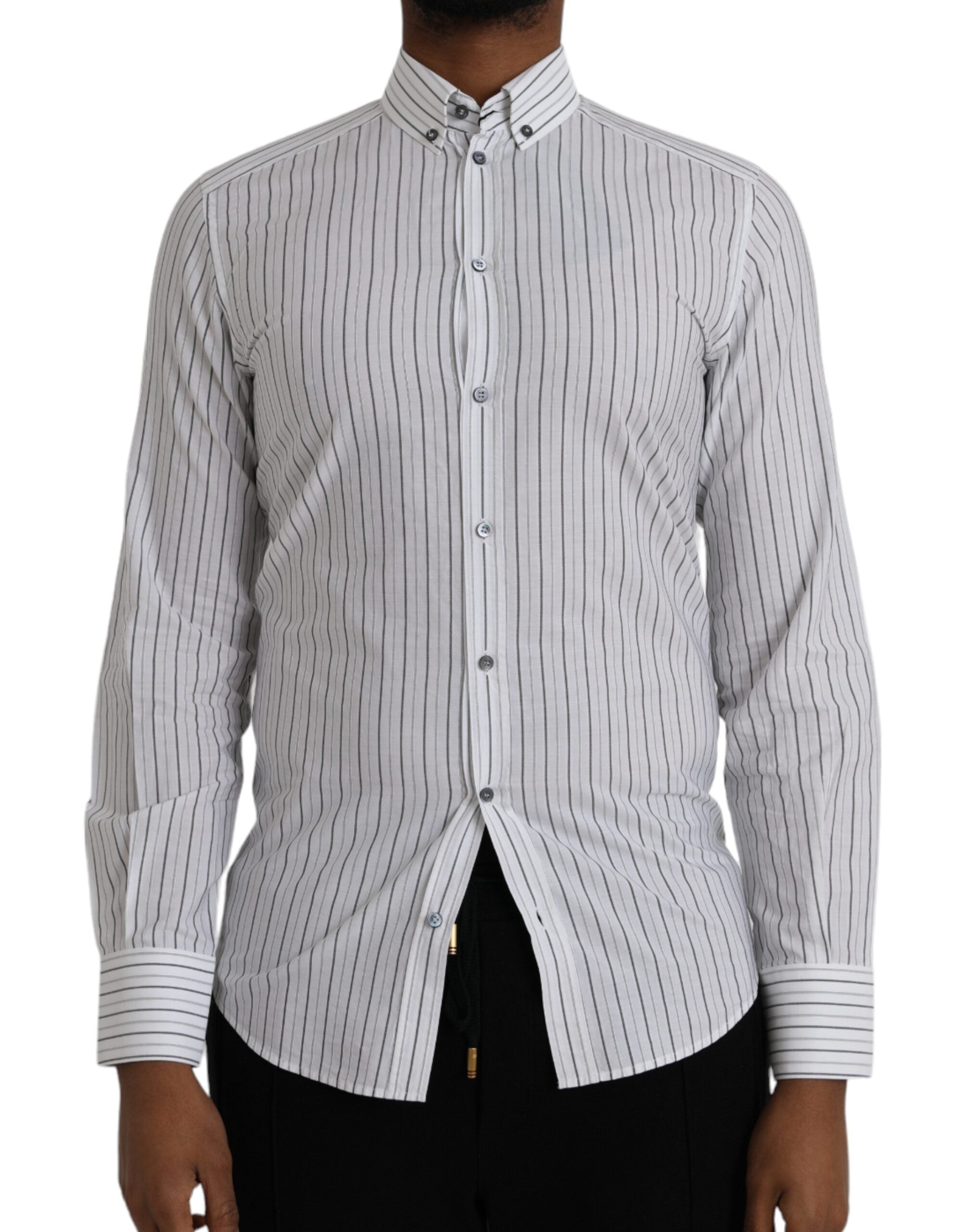 Dolce & Gabbana black and white striped formal dress paired with a gold shirt, stylish and elegant women's fashion ensemble.