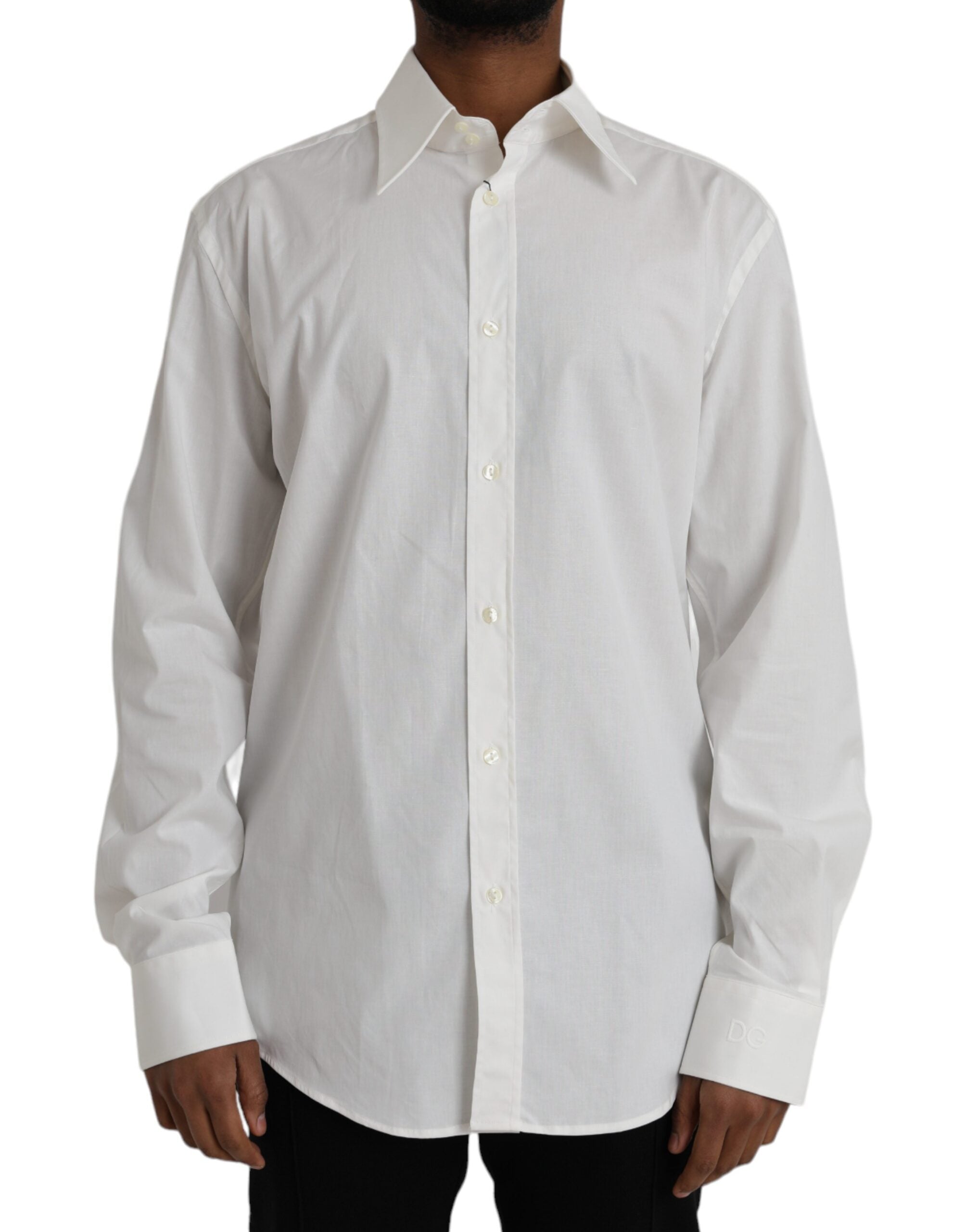 White cotton slim fit dress shirt by Dolce & Gabbana, featuring a classic gold-tone button design and tailored fit.