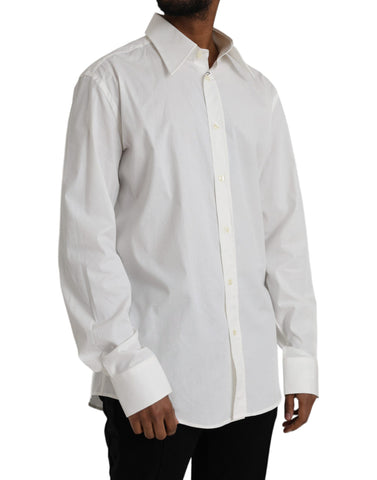 White cotton slim-fit dress shirt by Dolce & Gabbana, featuring a classic collar and gold accents for a sophisticated look.