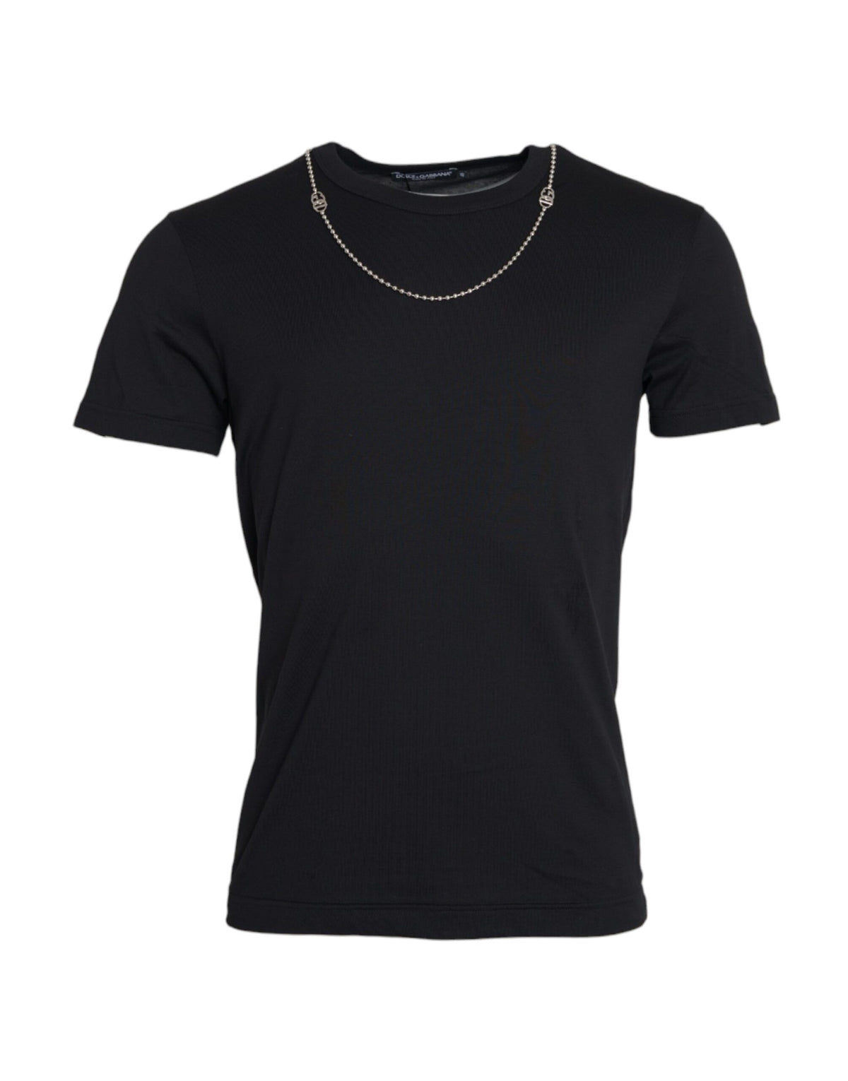 Black cotton short sleeve T-shirt with silver chain detail by Dolce & Gabbana, shown flat on a white background.