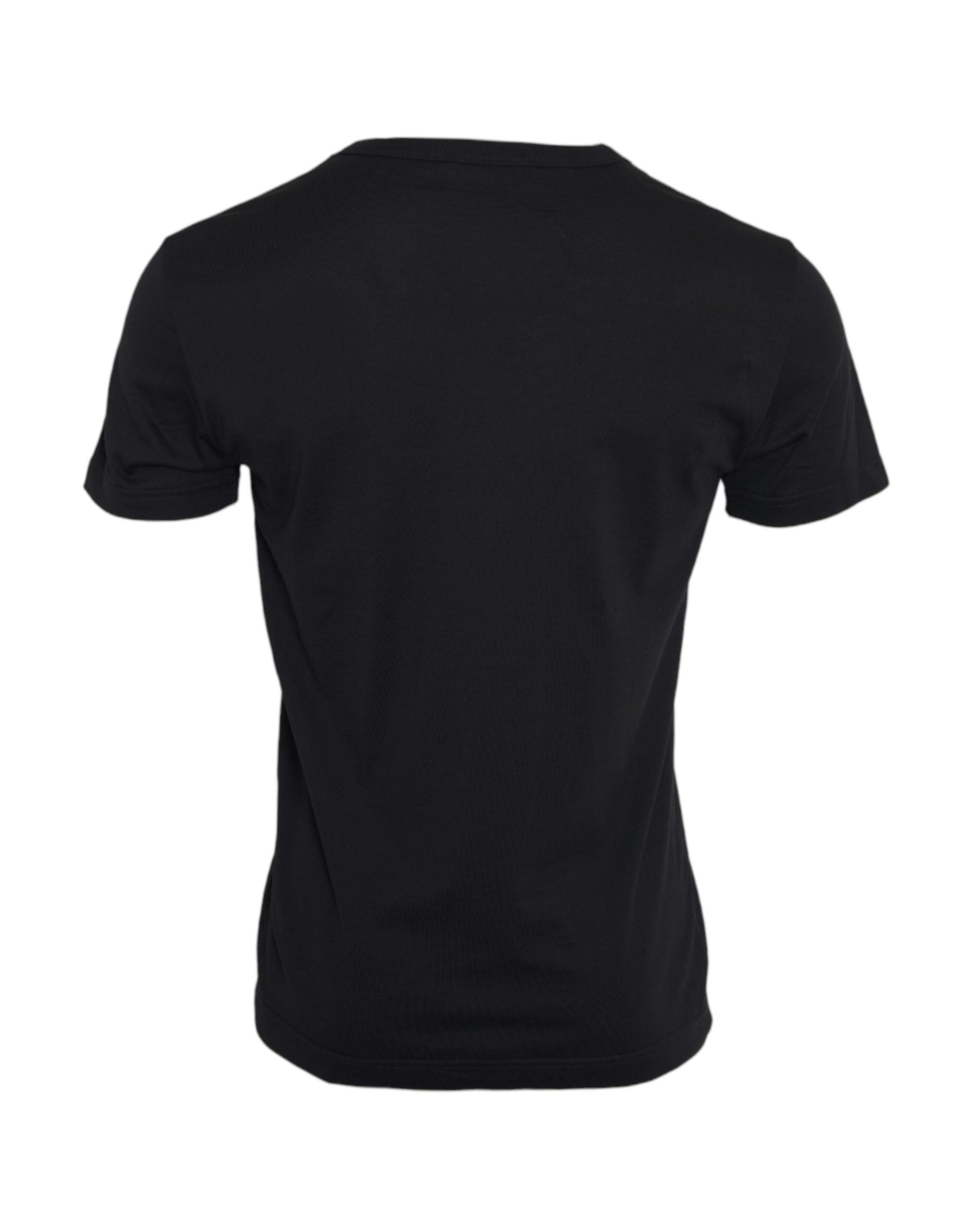 Black cotton Dolce & Gabbana short sleeve T-shirt with silver chain detail, casual fit, and classic round neckline.