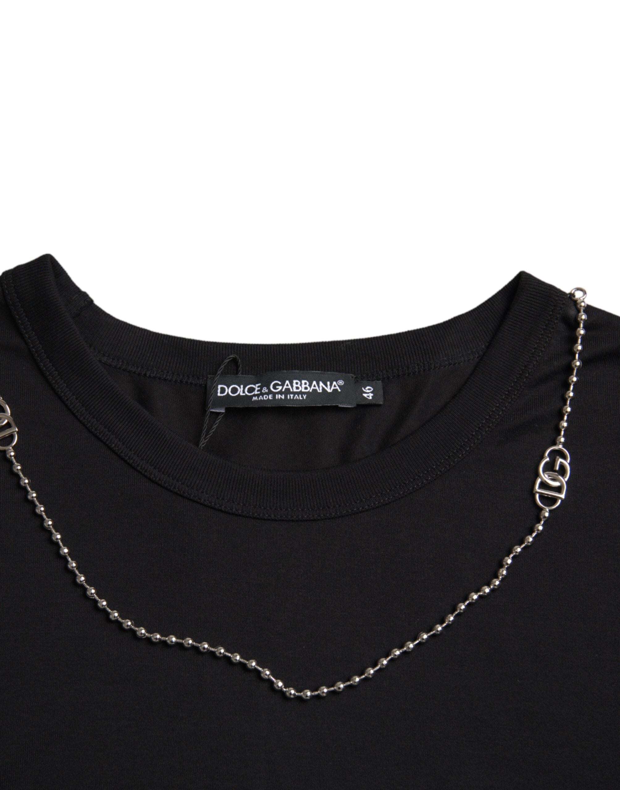 Black cotton T-shirt by Dolce & Gabbana featuring a silver chain detail and short sleeves, casual and stylish men's clothing.
