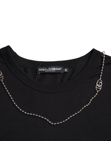 Black cotton T-shirt by Dolce & Gabbana featuring a silver chain detail and short sleeves, casual and stylish men's clothing.