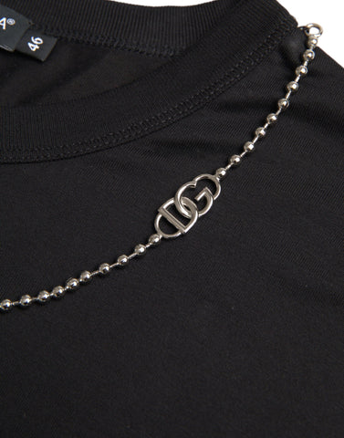 Black cotton short sleeve T-shirt with silver chain detail, by Dolce & Gabbana, shown flat on a white background.