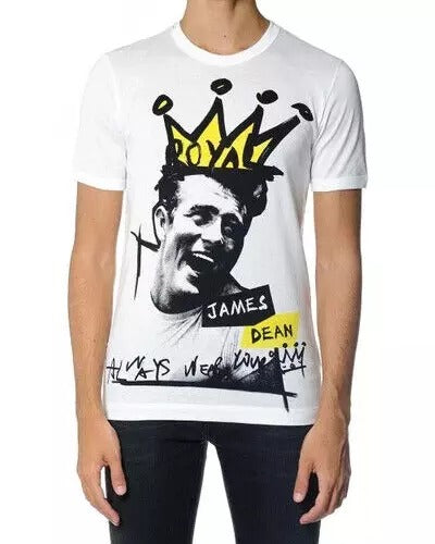 White cotton short sleeve men's T-shirt with graphic print by Dolce & Gabbana, displayed on a plain background.