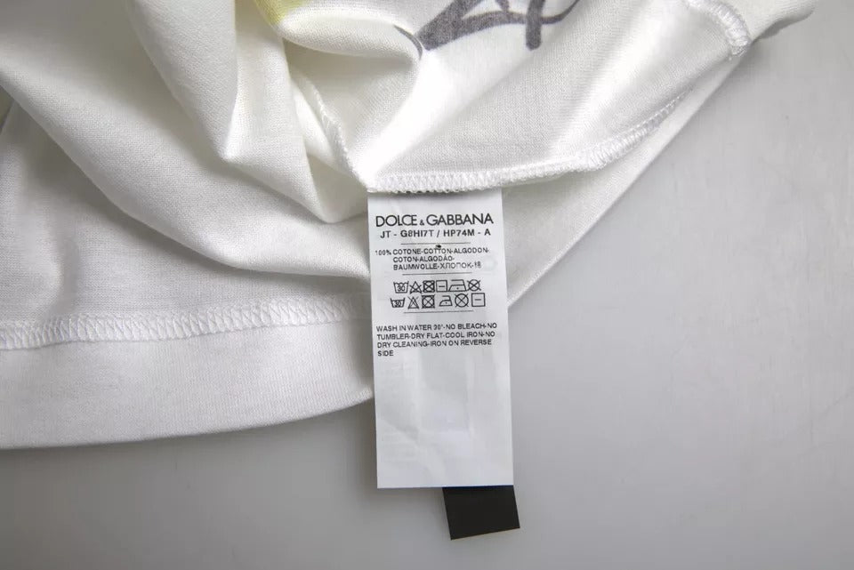 White graphic cotton men's T-shirt with short sleeves by Dolce & Gabbana, featuring a stylish printed design.