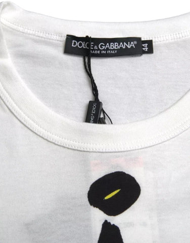 White graphic cotton men's T-shirt with short sleeves by Dolce & Gabbana, featuring a stylish printed design.