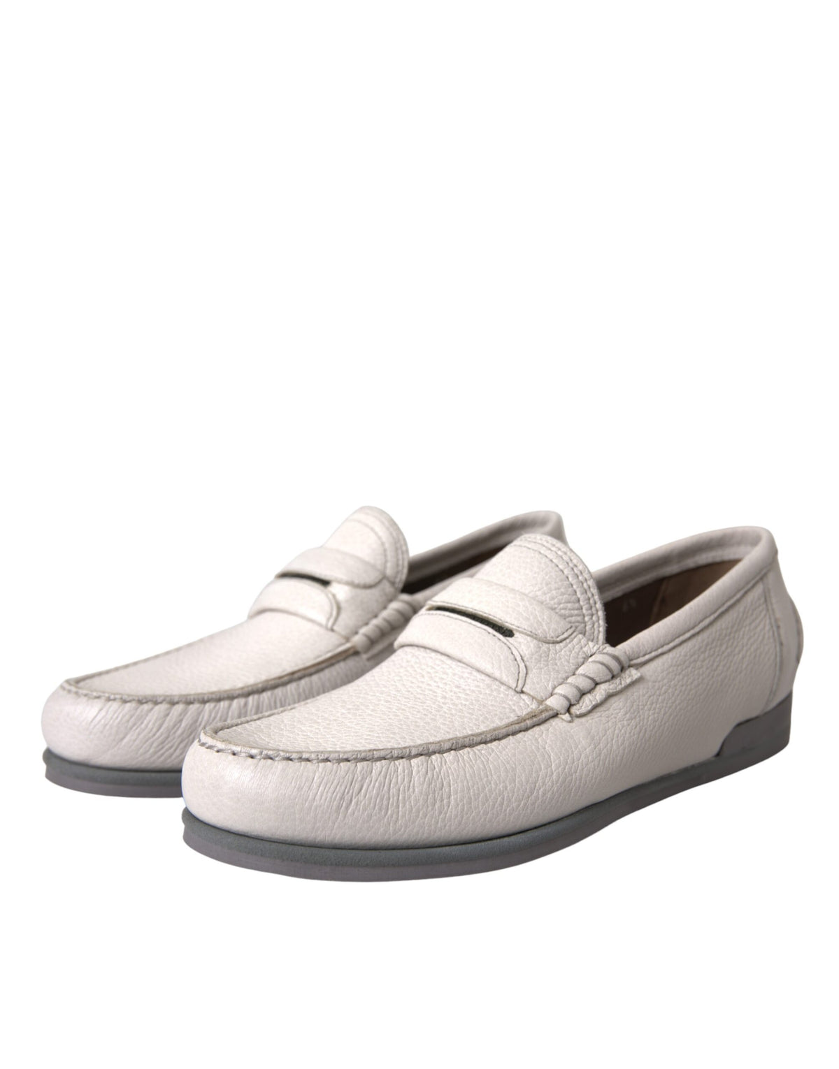 White and gray leather slip mocassin shoes from Dolce & Gabbana, featuring classic loafer design and sleek craftsmanship.